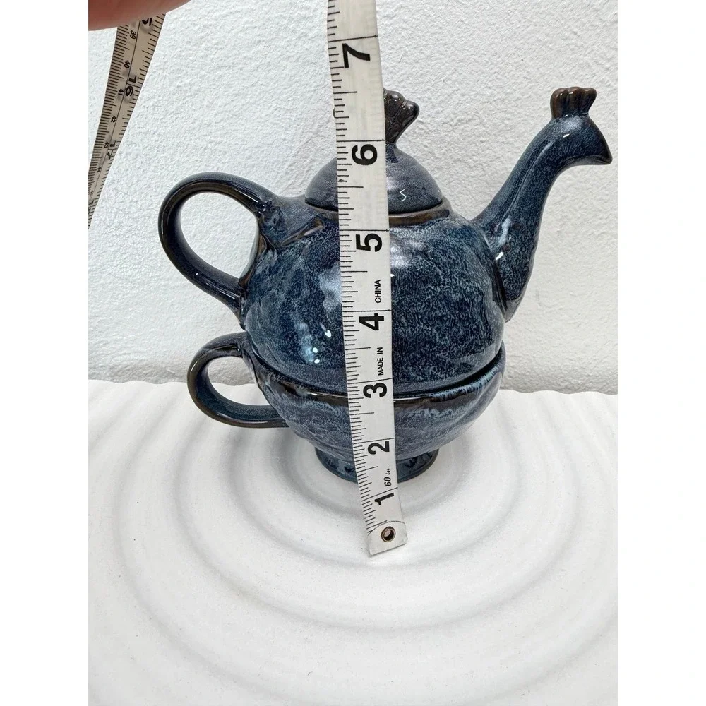 Blue Ceramic Tea for One Teapot & Cup Set Glazed Stoneware Tea Set
